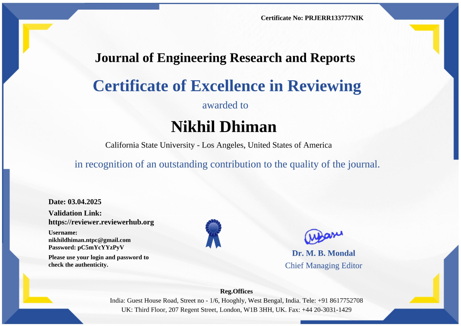 Certificate of Excellence